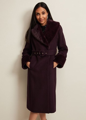 Phase Eight Petite Zylah Faux Fur Collar Wool Coats Burgundy Canada | TSINRU-691